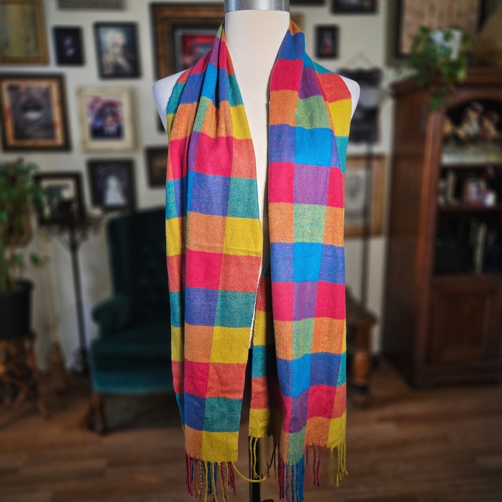 Cashmere Scarf‎ Rainbow Plaid Blend Italy Design Colorful Check Fringe 70x12